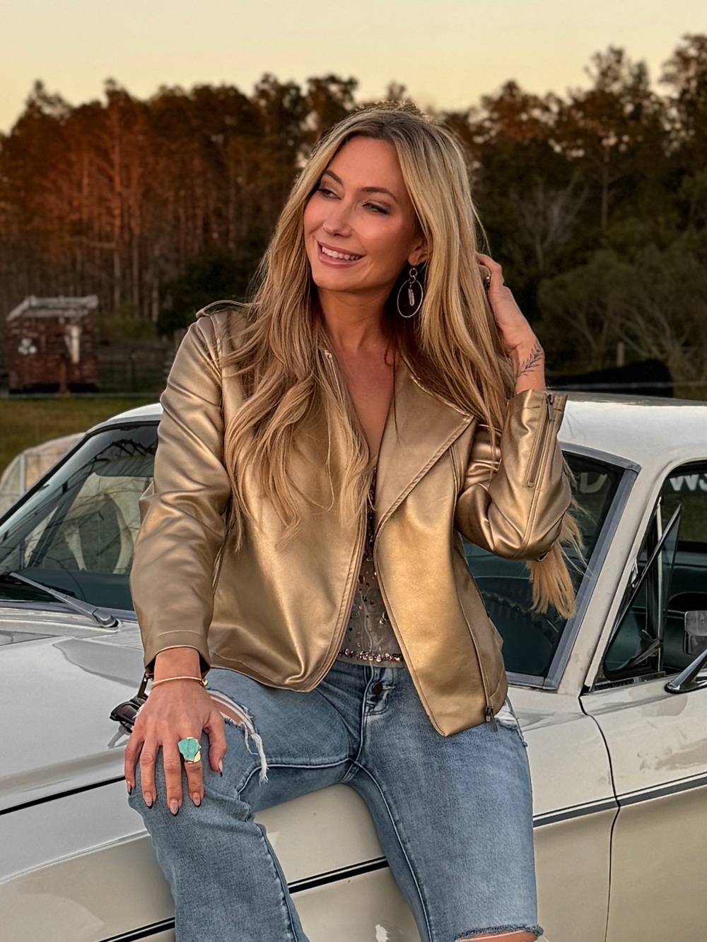 Jaclyn Smith Metallic Gold Fuax Leather Moto Jacket